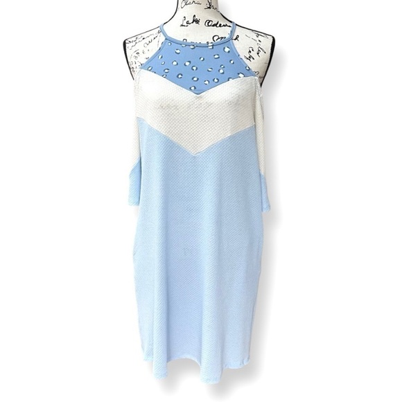Leopard Detail Blue & White Cold Shoulder Dress Pockets S - Picture 9 of 14